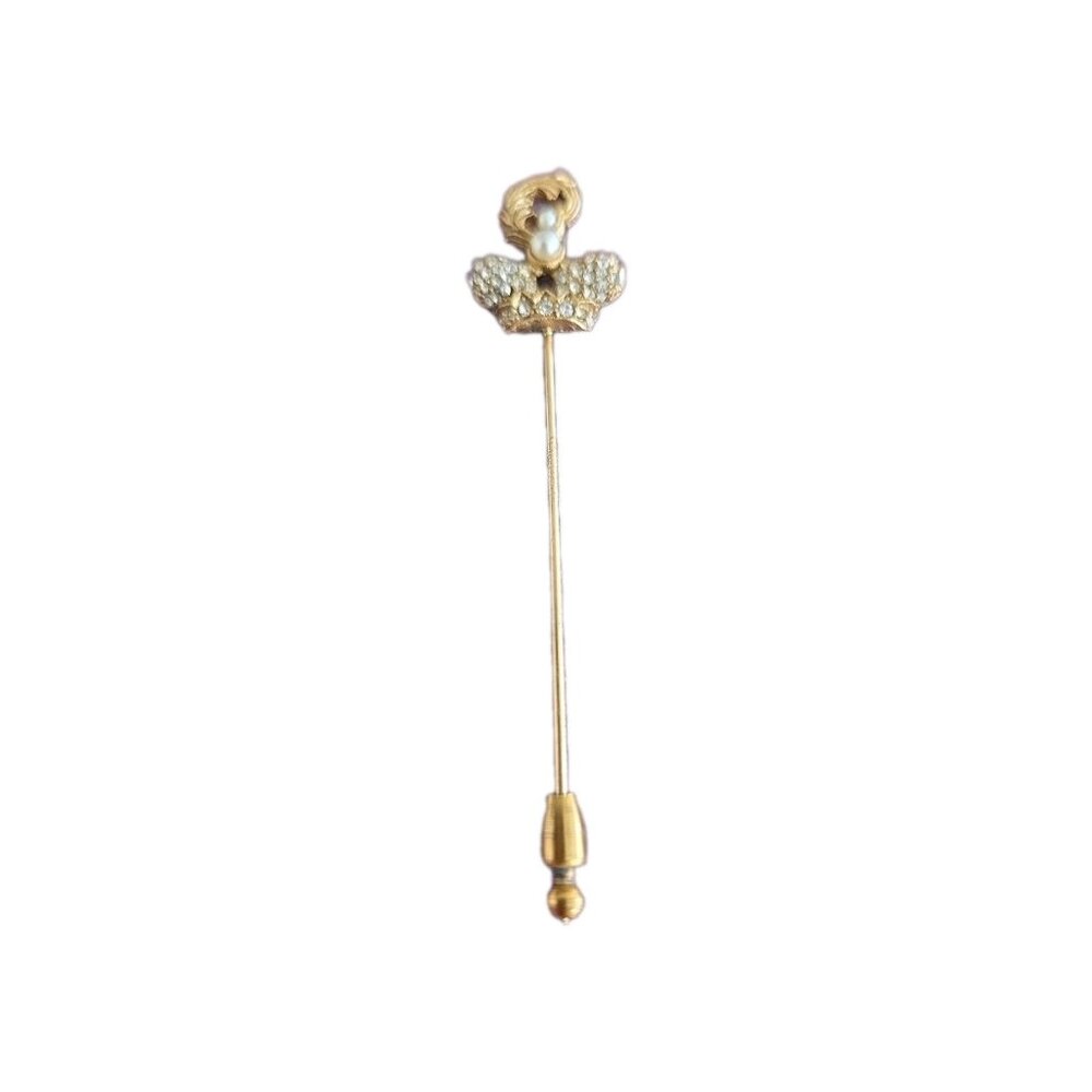 DeNicola Vintage Crystal Faux Pearl Crown Feather Stickpin Brooch